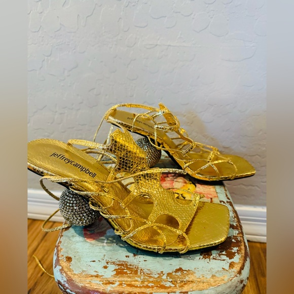 Jeffrey Campbell Le Freak Gold Metallic Tie up Sandal with Rhinestone Heel 6.5 - Picture 3 of 16